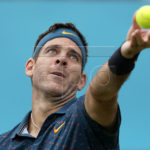 Argentina's Juan Martin del Potro serves to Canada's Denis Shapovalov during their round 32 match at the Fever Tree Championship at Queen's Club in London, Britain, 19 June 2019. The tournament runs from 17th June till 23 June 2019. EPA-EFE/WILL OLIVER
